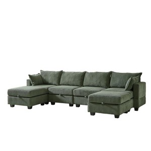 VYNXARIA 113.5 inch Modular Sectiona Corduroy Sofa,U Shaped Sectional Couch with Storage Ottoman,6 Seats Convertible Sectionals with Chaise,Green - 1 of 4