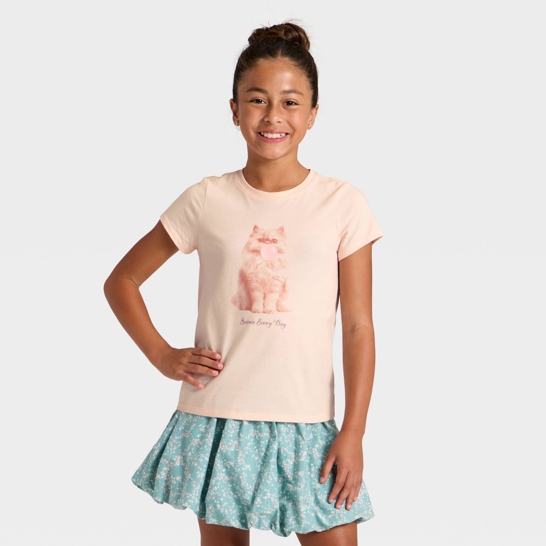 Girls' Short Sleeve 'Bubble Cat' Graphic T-Shirt - Cat & Jack™ Peach Orange