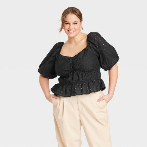 MSRP $80 Alfani Plus Size Puff-Sleeve Blouse Black Size 3X