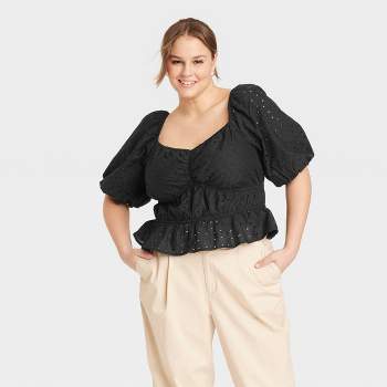 Women's Puff Elbow Sleeve Eyelet Shirt - A New Day™