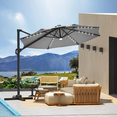 Large Cantilever Patio Umbrella, 10' X 10' Heavy Duty Large Aluminum Outdoor Umbrella with Solar LED Lights & Weighted Base, 360° Rotation