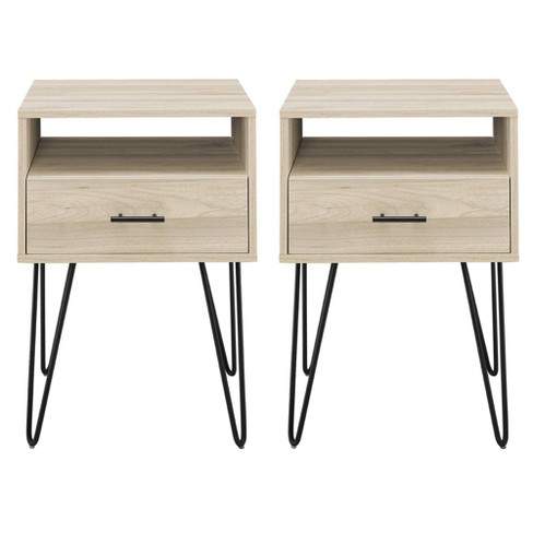 Nightstand with 2 Drawers, Modern End Table with Metal Legs Wood