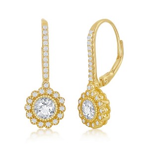 Bella Silver Sterling Silver, CZ Flower Design Dangling Earrings - Gold Plated - Gold - 1 of 2