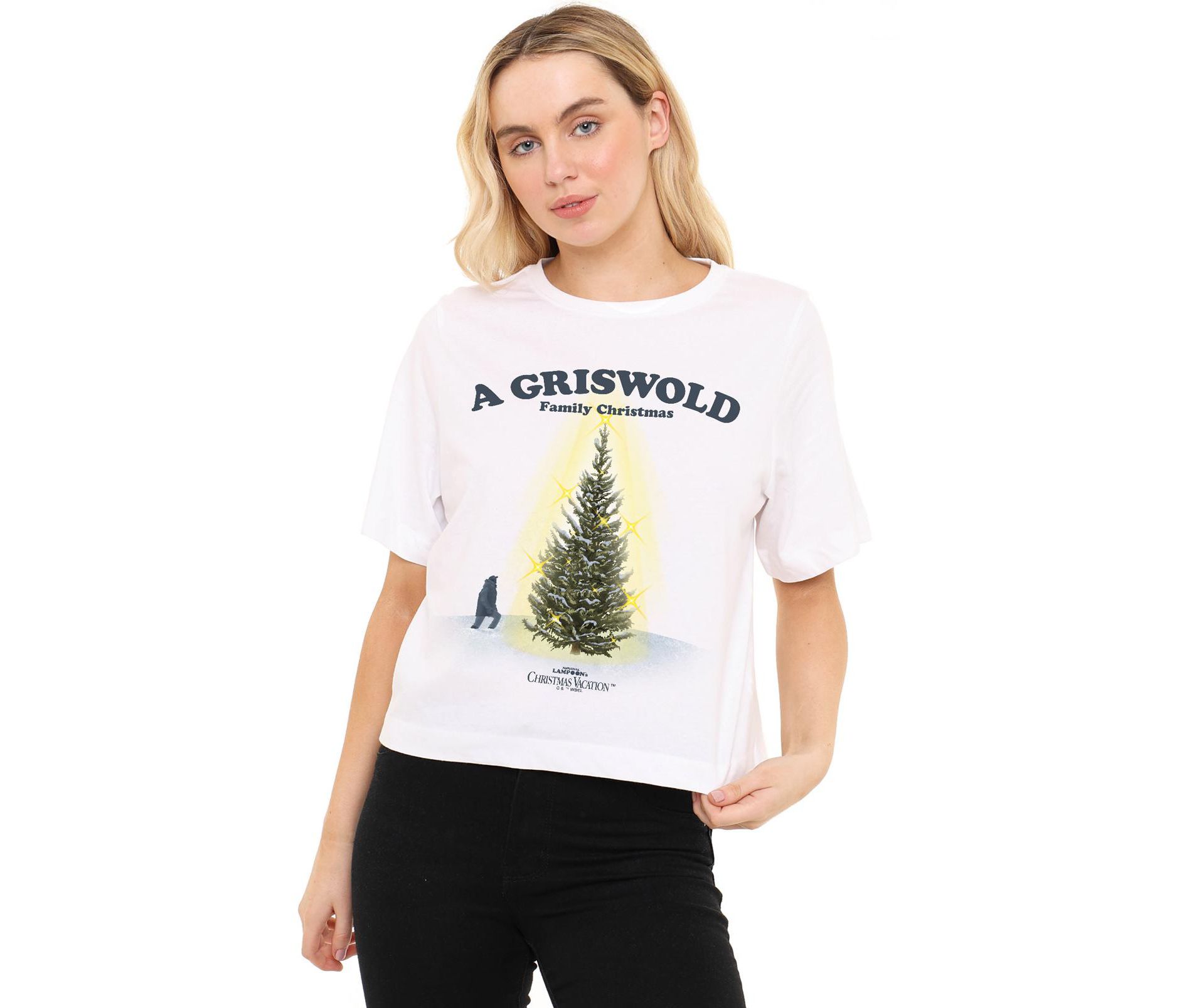 Women's National Lampoon'S Christmas Vacation Clark Griswold Family Christmas Tree Boxy Cropped T-Shirt