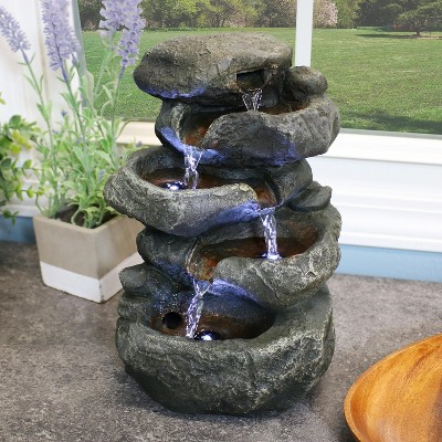 Light Grey Polyresin Stacked Rocks Tabletop Fountain with LED Lights