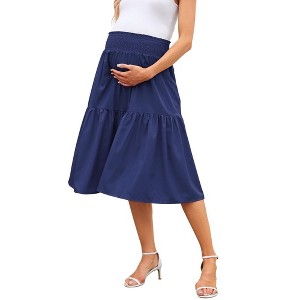 Women's High Elastic Empire Waist Maternity Skirt Summer Casual Floral Pleated Swing A Line Flowy Midi Skirts with Pockets - 1 of 4