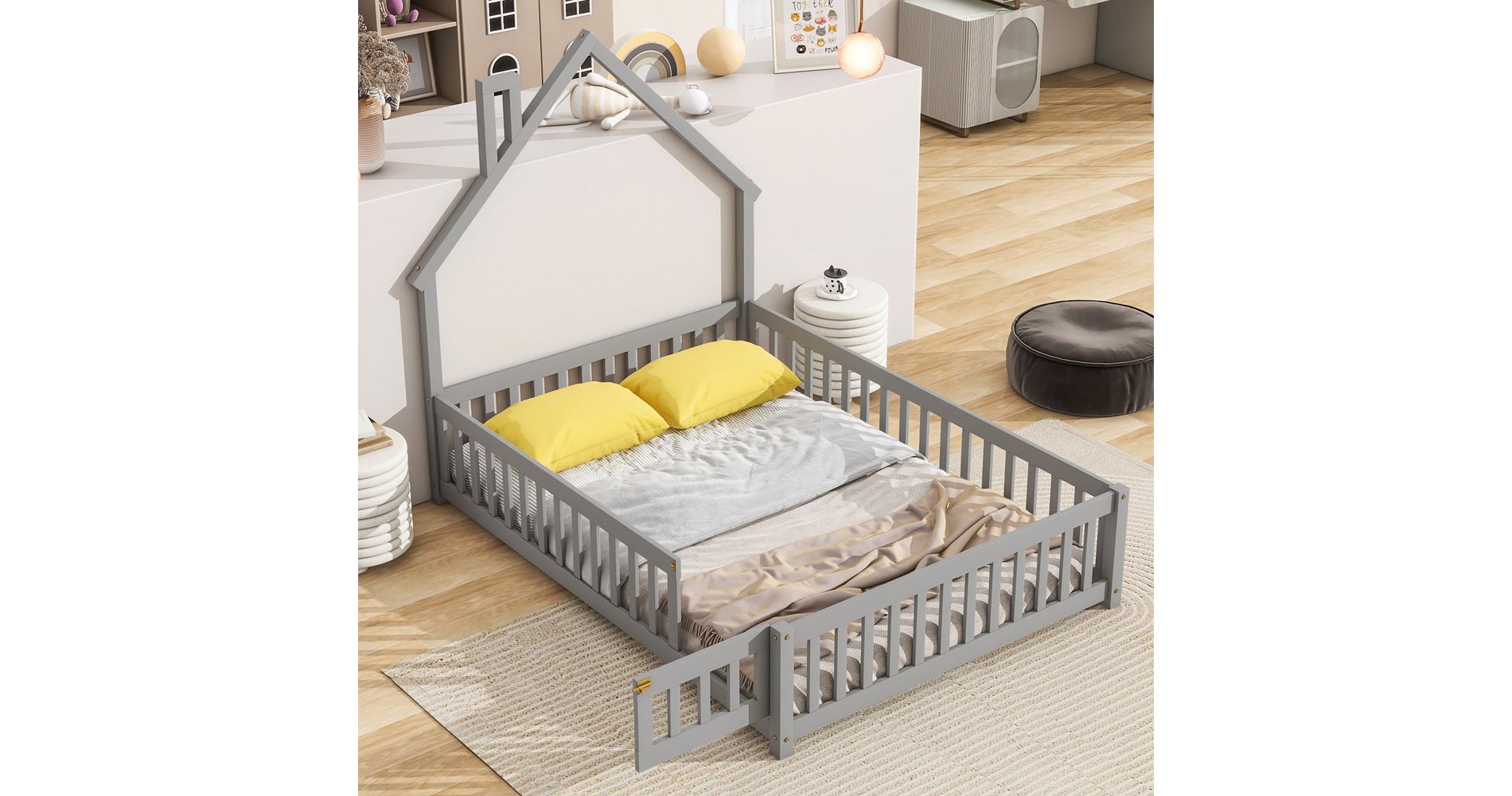 LOVMOR Full House-Shaped Headboard Floor Bed with Fence