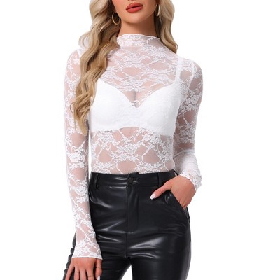 INSPIRE CHIC Women's Mesh Mock Neck Sheer See Through Floral Lace Blouse
