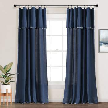 Modern Faux Linen Embroidered Edge With Attached Valance Window Curtain Panels Navy 52X84 Set