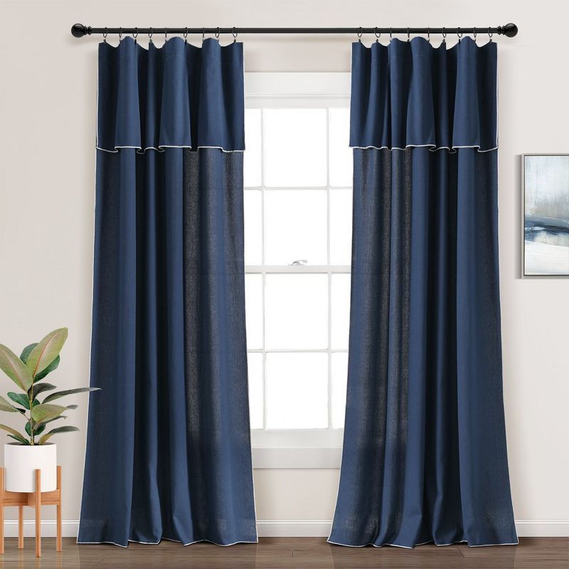 Modern Faux Linen Embroidered Edge With Attached Valance Window Curtain Panels Navy 52X84 Set, 1 of 7