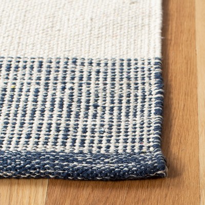 Ivory and Navy Striped Wool Cotton Flat Woven Area Rug