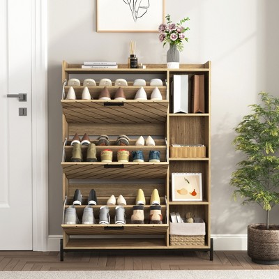 TIRAMISUBEST Shoe Cabinet with 3 Flip Drawers & Open Shelves - Driftwood Mobile File Cabinet