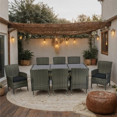 Outdoor 9-Piece Dining Set, 8-Seater Wicker Dining Chairs with Glass Top Table, Chairs with Steel Frame and Foam Cushions-Coolbibila