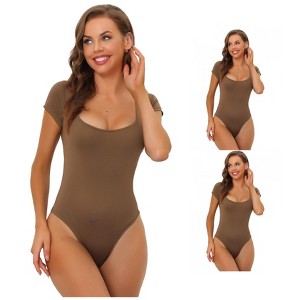 INSPIRE CHIC Women's Square Neck Tummy Control Short-Sleeve Leotard Bodysuit Top 3 Packs - 1 of 4