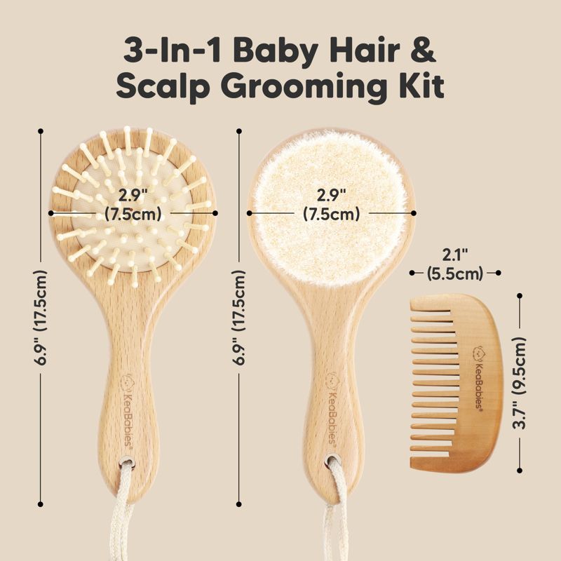 Baby Hair Brush and Comb Set,  Wooden Baby Brush Set for Newborns, Infant, Toddler Grooming Kit (Round, Walnut), 3 of 11