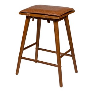 JONATHAN Y Peroni MidCentury Classic Saddle-Seat Solid Wood/Vegan Leather Backless Stool with Removeable Cushion - 1 of 4