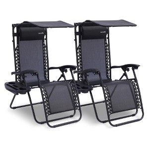 SereneLife Zero Gravity Lounge Chair, Adjustable Steel Mesh Recliners, with Canopy, Removable Pillows and Cup Holder Side Tables, Set of 2, Black - 1 of 4