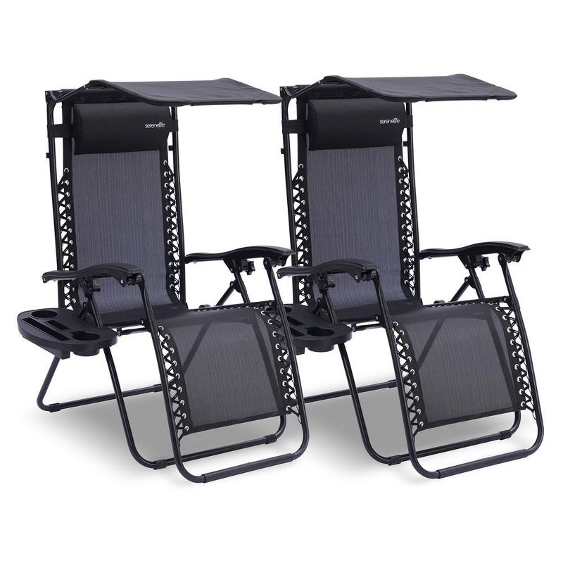 SereneLife Zero Gravity Lounge Chair, Adjustable Steel Mesh Recliners, with Canopy, Removable Pillows and Cup Holder Side Tables, Set of 2, Black, 1 of 7