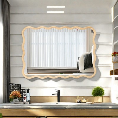 Modern Solid Wood Wavy Mirror, Natural Wood Vanity Mirror Wall Decor, for Bathroom, Bedroom, Living Room, Cloakroom, Entryway