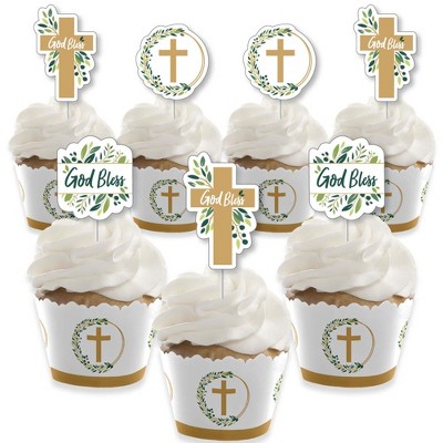 Big Dot of Happiness Elegant Cross - Cupcake Decoration - Religious Party Cupcake Wrappers and Treat Picks Kit - Set of 24