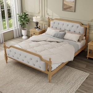 Gulches Traditional Style Solid Wood Bed Frame with Upholstered Tufted Headboard,No Box Spring Needed,Queen Size, Antique Walnut - 1 of 4