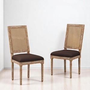 Set of 2 Dining Chairs with Cane Backrest & Upholstered Fabric Seats, Distressed Rubberwood Frame, Dining Room Chairs for Kitchen - 1 of 4