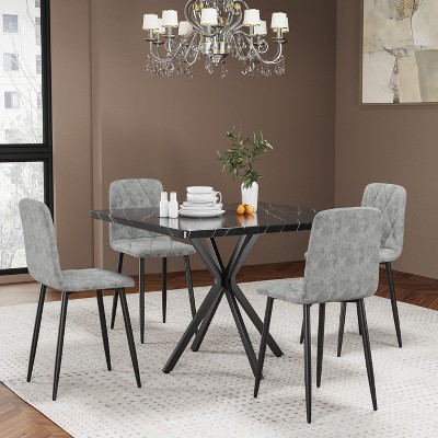 KTMBDW Square Dining Table Set, Modern Square Dining Table with 4 Gray Chair, Faux Marble Tabletop and Iron Legs, Coffee Table for Dining Room