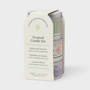 3pk Tin Candle Gift Set Driftwood & Sea Salt + Wild Hibiscus