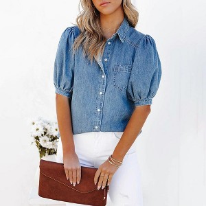Womens Denim Shirs Puff Sleeve Collar Neck Casual Lightweight Denim Shirt Top - 1 of 1