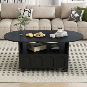 Cream Coffee Table with Lockable Casters, Cloud Design with Drawer, Spacious Storage, Black - 1 of 4