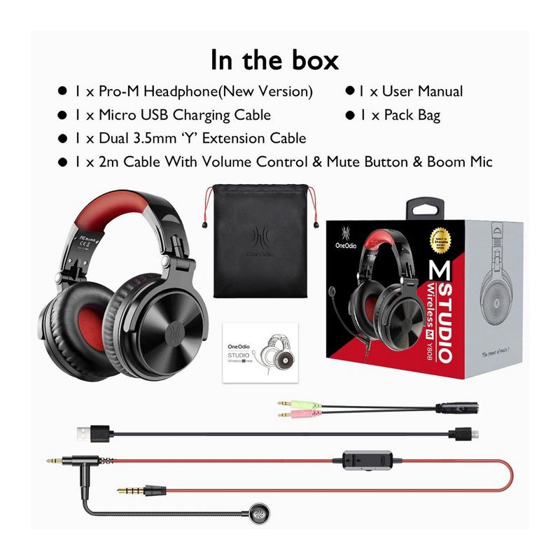 OneOdio Pro M Black+Red Over Ear Bluetooth Wired and Wireless Gaming Headset Headphones w/ Boom Mic for PS4, Xbox, Laptop, PC, School, & Office, Red, 3 of 7