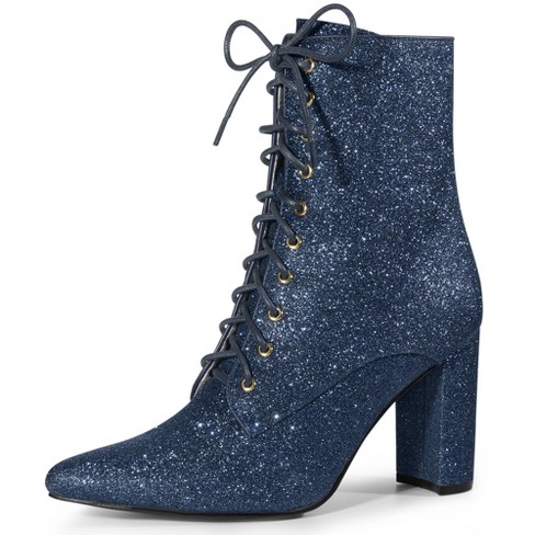 Allegra K Women s Glitter Lace up Pointed Toe Block Heel Ankle Boots Navy Blue 9 Target