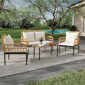 3-Piece Boho Outdoor Patio Furniture Set with Table, All-Weather Wicker Rattan Sectional Sofa with Cushions, Metal Frame - 1 of 4