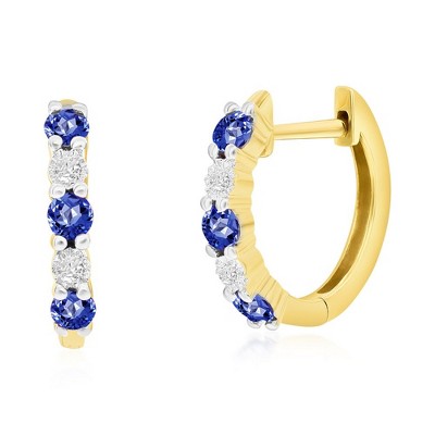 Classic Gold 14K Yellow Gold, Round 0.34ct Sapphire, Diamond Hoop Earrings - (10 Stones) - Blue