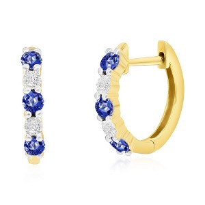 Classic Gold 14K Yellow Gold, Round 0.34ct Sapphire, Diamond Hoop Earrings - (10 Stones) - Blue - 1 of 2