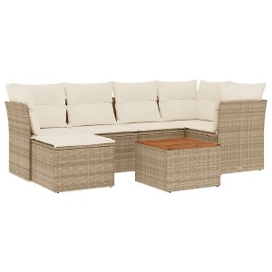 vidaXL Patio Sofa Set with Cushions Outdoor Furniture 7 Piece Poly Rattan - Beige and Cream - 1 of 4