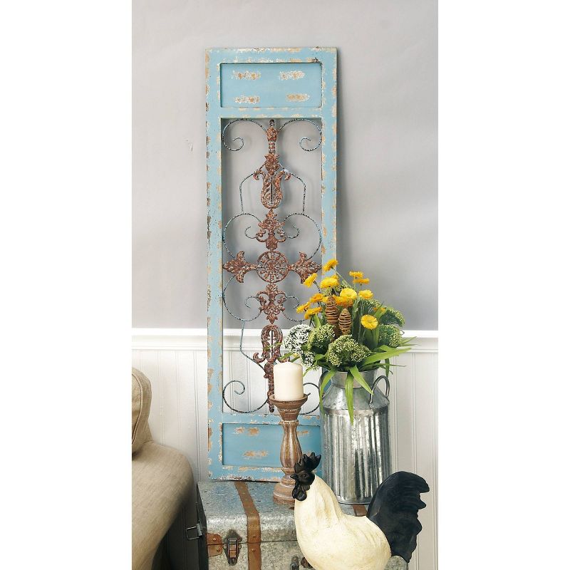 Wood Scroll Arabesque Wall Decor with Metal Fleur De Lis Relief Turquoise - Olivia &#38; May, 2 of 6
