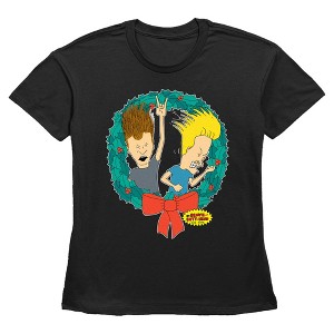 Womens Beavis and Butt-Head Rock and Roll Christmas Wreath T Shirt - 1 of 3