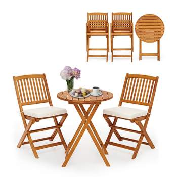 Tangkula 3 PCS Patio Bistro Set Acacia Wood Folding Set w/ Round Coffee Table & Padded Cushion Outdoor Chair and Table Set for Balcony Garden Beige