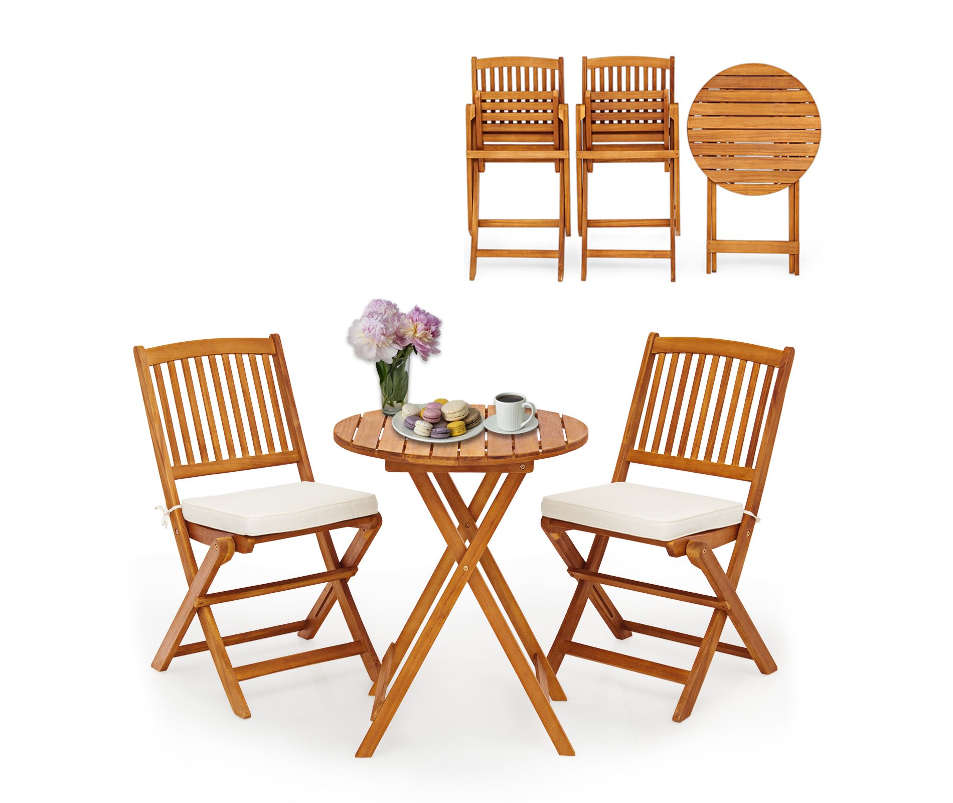 Tangkula 3 PCS Patio Bistro Set Acacia Wood Folding Set w/ Round Coffee Table & Padded Cushion Outdoor Chair and Table Set for Balcony Garden Beige