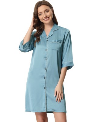 Cheibear Women s Satin 3 4 Sleeve Button Down Nightshirt Target