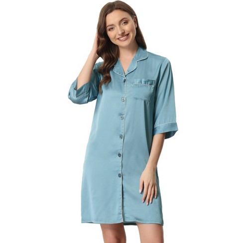 Cheibear Women's Satin 3/4 Sleeve Button Down Nightshirt Blue Large : Target