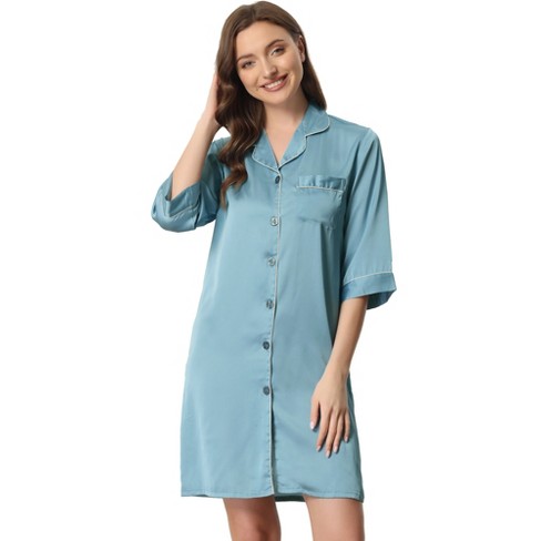 Satin Nightgown For Women 3/4 Sleeve Silk Nightshirt Button Down Pajamas  Dress Boyfriend Sleepshirt S-XXL 