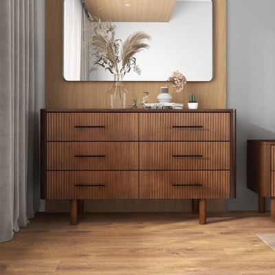 Logan Mid Century Modern Walnut Dresser with 6 Drawers for Ample Storage in Solid Wood 33.1"H x 55.9"W x 17.7"D