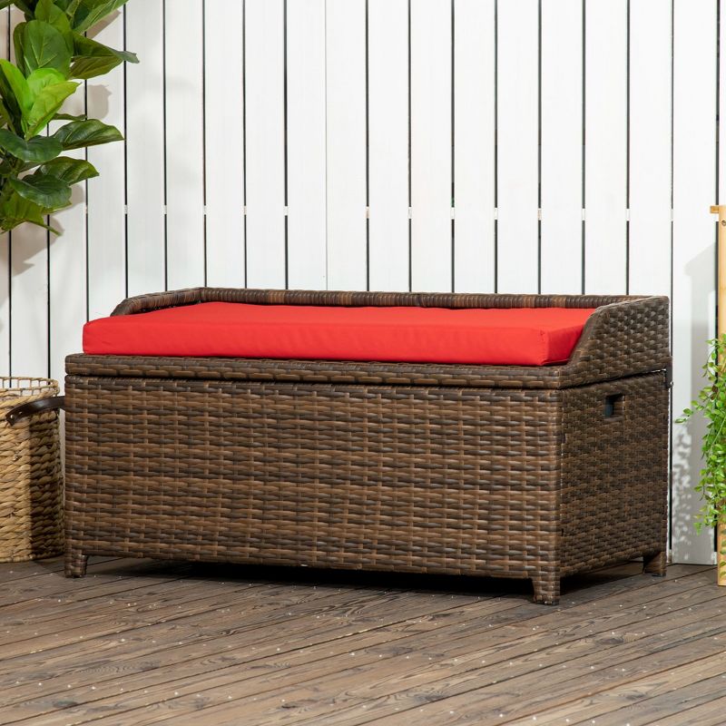Outsunny Patio Wicker Storage Bench, Cushioned Outdoor PE Rattan Patio Furniture, Assisted Easy Open, Two-In-One Seat Box with Handles Seat, Red, 2 of 7