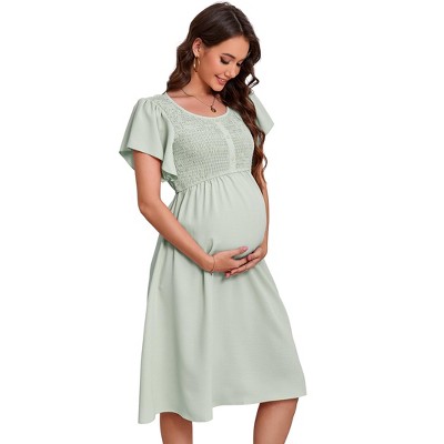 Women's Maternity Smocked Dress Summer Short Sleeve Square Neck Casual Flowy Midi Dress Photoshoot Baby Shower