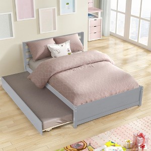 Full Size Platform Bed Frame, With Headboard, Pulling Out Twin Trundle, Space Saving Bed, Solid Wood Frame Mattress Foundation, Gray - 1 of 4