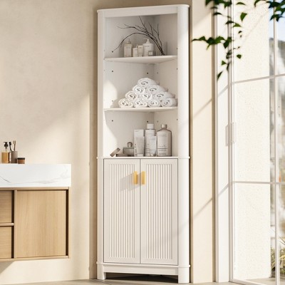 MOEPISY Tall Corner Shelf with Doors, 5-Tier Corner Storage Cabinet with Doors, Space Saver Shelf for Bathroom White