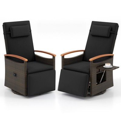 Tangkula Set Of 2 Patio Rattan 360° Swivel Recliner Lounge Chair w/Adjustable Backrest & Footrest Cushioned Push Back Reclining Seat w/Flip Side Table