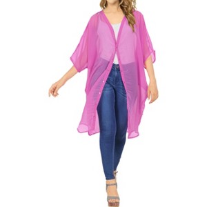 LA LEELA Women's Open Front Solid Sheer Beach Button Down Swimwear Cover ups Casual Duster for Women Beachwear Cardigan for Women - 1 of 4